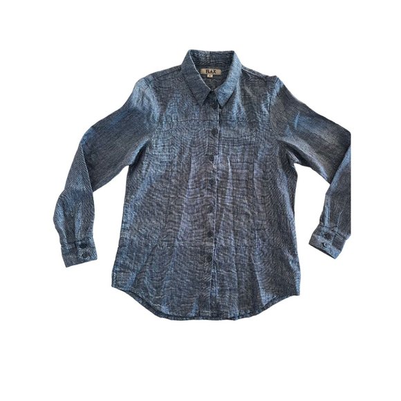 FLAX Metallic McQueen Linen Blend Button Up Shirt Shacket Blue Small‎ $169 - Picture 2 of 11